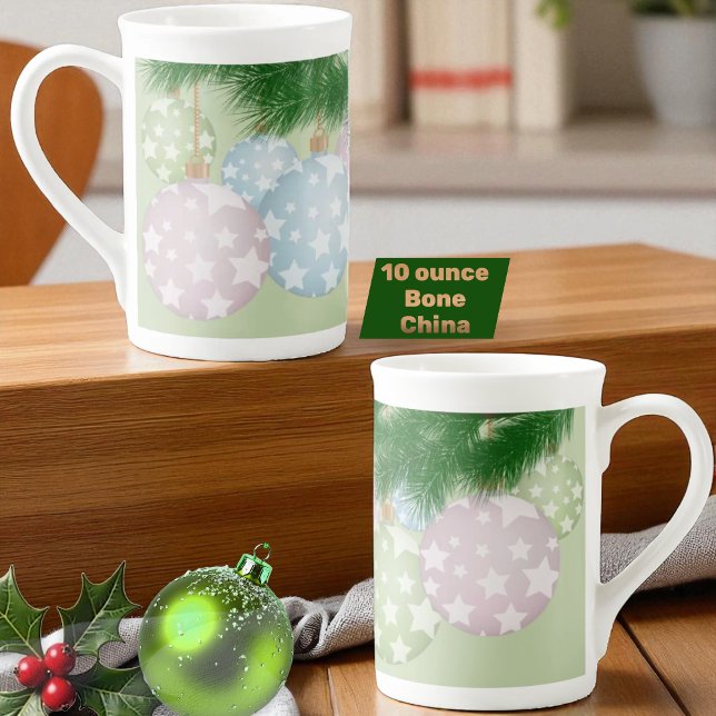 Trendy Christmas Pastel Ornaments With Stars Bone China Mug (from one side of handle to the other side)