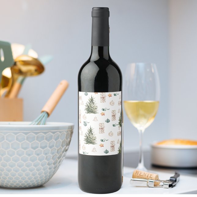 Trendy Christmas Pattern | Watercolor  Wine Label (Creator Uploaded)