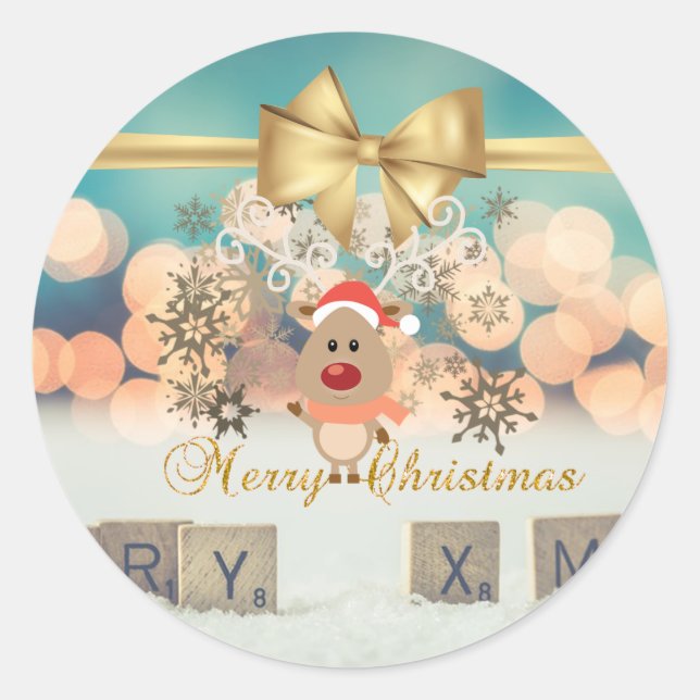 Trendy  Christmas Reindeer ,Faux Gold Bow,Bokeh Classic Round Sticker (Front)