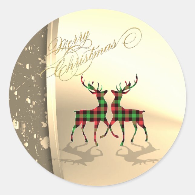 Trendy Christmas Reindeers Buffalo Plaid Classic Round Sticker (Front)