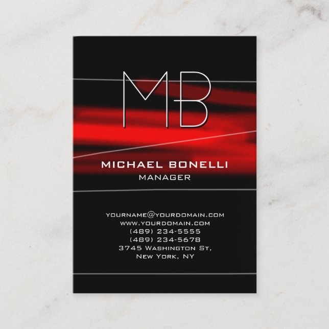 Trendy chubby black red monogram business card (Front)
