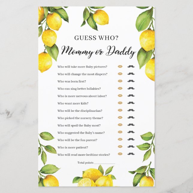 Trendy Citrus Lemon Mummy or Daddy Game (Front)