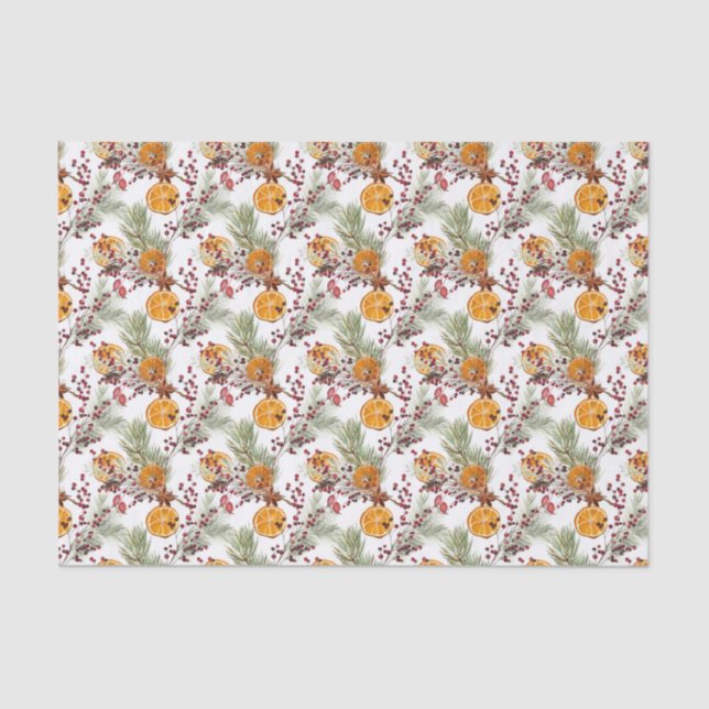 Trendy Citrus Orange Pine Berry Christmas Holiday Tissue Paper (Front)