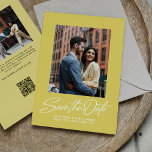 Trendy citrus yellow stylish script two photo save the date<br><div class="desc">This stylish save the date features a retro inspired script "save the date" under a single photo on a trendy color of the year citrus yellow background along with simple custom text. The back of this modern save the date has a coordinating yellow stripe along with a horizontal photo, room...</div>