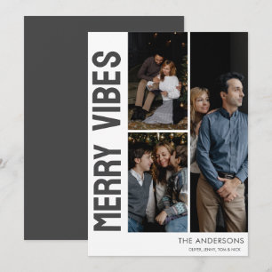 Trendy Classic 3 Photo Merry Vibes Holiday Card