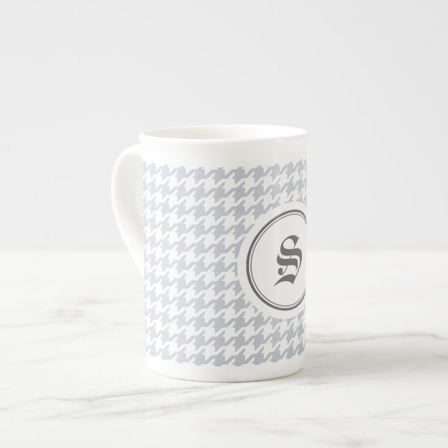 Trendy classic grey houndstooth with monogram bone china mug (Front Left)