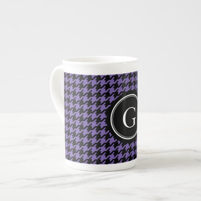 Trendy Classic purple houndstooth with monogram Bone China Mug (Front Left)