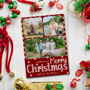 Trendy Classic Red 3-Photo Merry Christmas Family Holiday Card