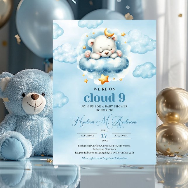 Trendy cloud nine teddy bear Boy Baby Shower Invitation (we're on cloud nine - sleeping teddy bear boy baby shower invitation)