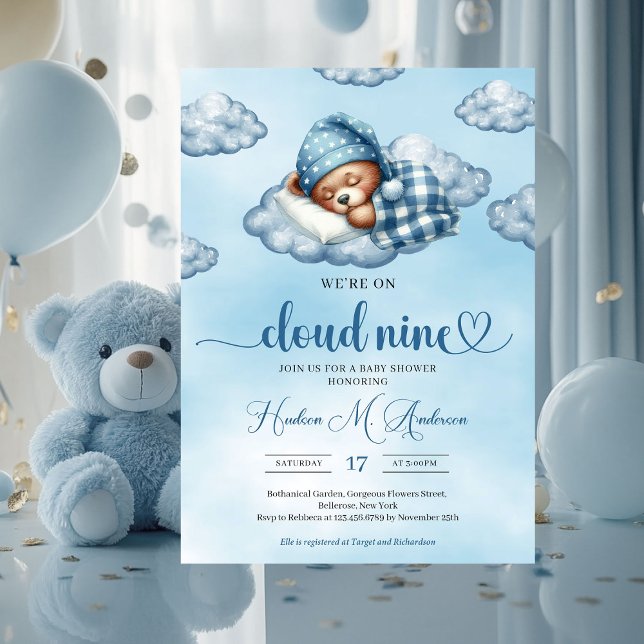 Trendy cloud nine teddy bear Boy Baby Shower Invitation (cloud nine sleeping teddy bear boy baby shower invitation)