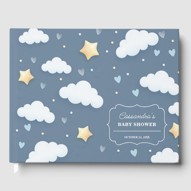 Trendy Cloud Theme Baby Shower Dusty Blue Guest Book (Front)