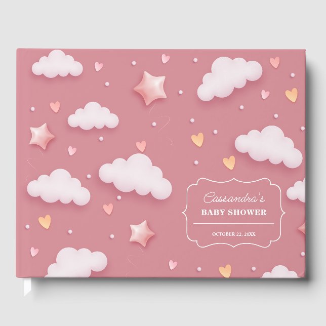 Trendy Cloud Theme Dusty Pink Baby Shower Guest Book (Front)