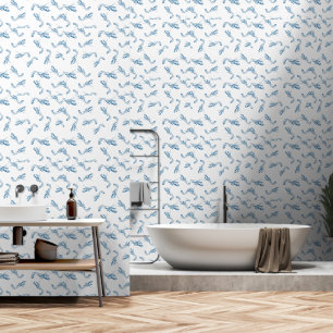 Trendy Coastal Aesthetic Indigo Blue Shrimp Toile Wallpaper