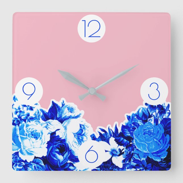 Trendy Cobalt Blue Flowers & Blush Pink Square Wall Clock (Front)
