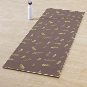 Trendy Coffee Brown and Golden Feathers Yoga Mat