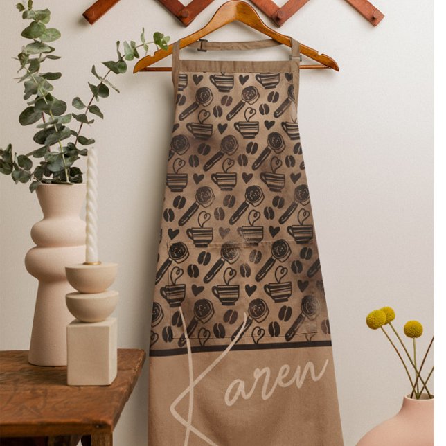 Trendy Coffee Lover Pattern Personalised Name Apro Apron (Creator Uploaded)