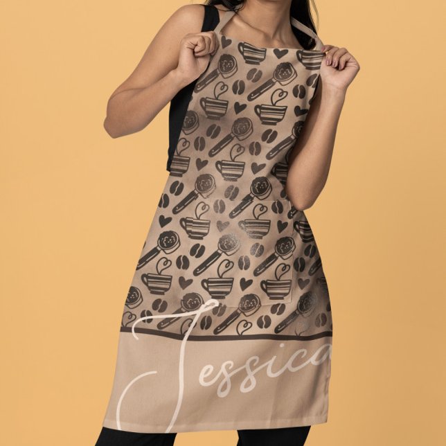 Trendy Coffee Lover Pattern Personalised Name Apro Apron (Creator Uploaded)