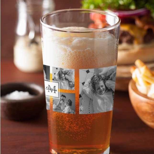 Trendy Collage Family Photo Black & White Initial Glass (Creator Uploaded)