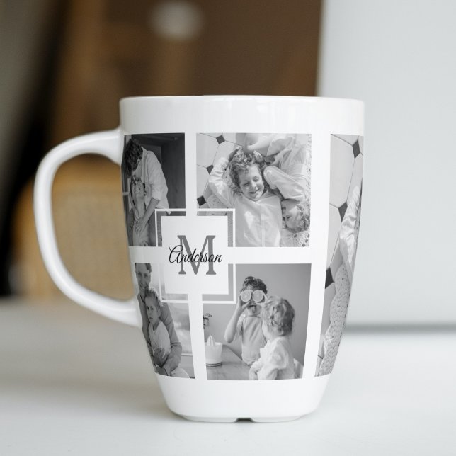 Trendy Collage Family Photo Black & White Initial Latte Mug (Creator Uploaded)