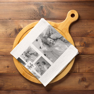 Trendy Collage Family Photo Black & White Initial Tea Towel