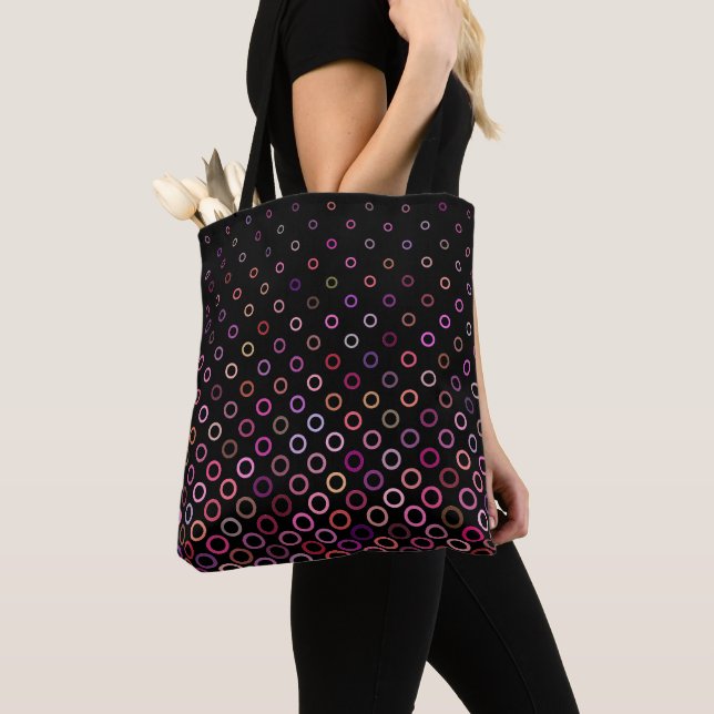 Trendy Colorful Circles Pattern on Black Tote Bag (Close Up)