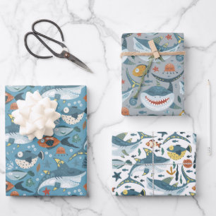 Trendy Colorful Shark Animal Children Boy Birthday Wrapping Paper Sheet