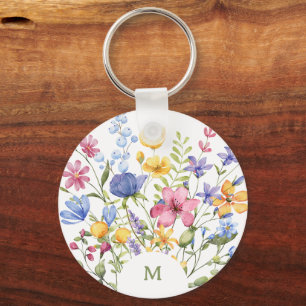 Trendy Colorful Wildflowers with Monogram Key Ring