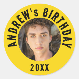 Trendy Colorful Yellow Photo Birthday Party Classic Round Sticker