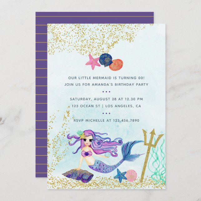 Trendy Colorways Mermaid themed Birthday Party Invitation (Front/Back)