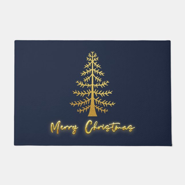 Trendy colour glam shiny gold and navy blue tree doormat (Front)