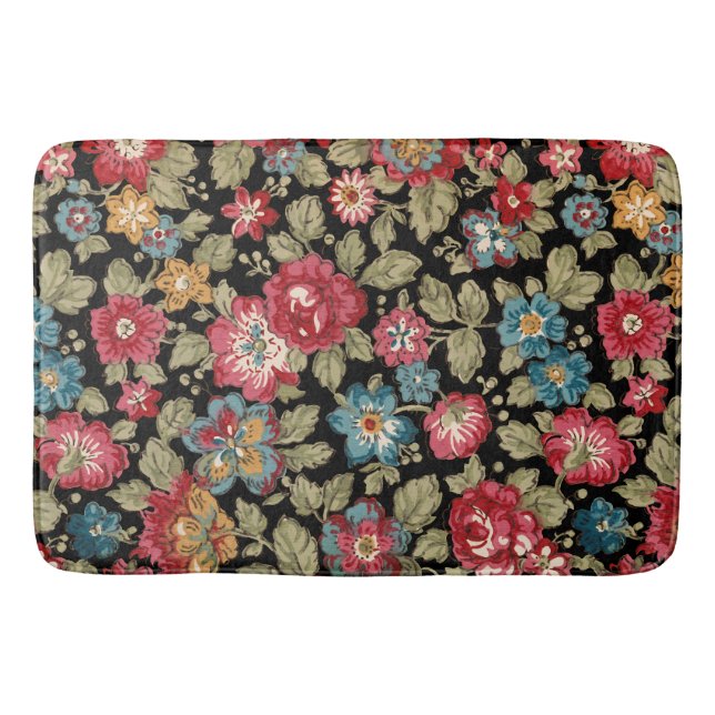 Trendy Colourful Boho Floral-Black Background Bath Mat (Front)
