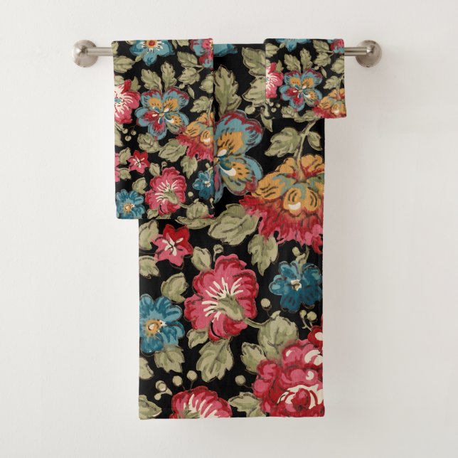 Trendy Colourful Boho Floral-Black Background Bath Towel Set (Insitu)
