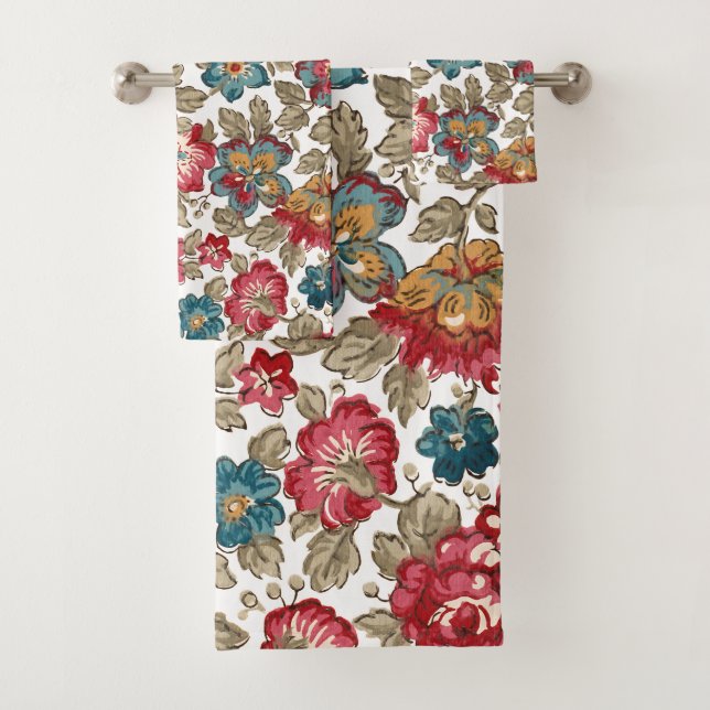 Trendy Colourful Boho Floral-White Background Bath Towel Set (Insitu)