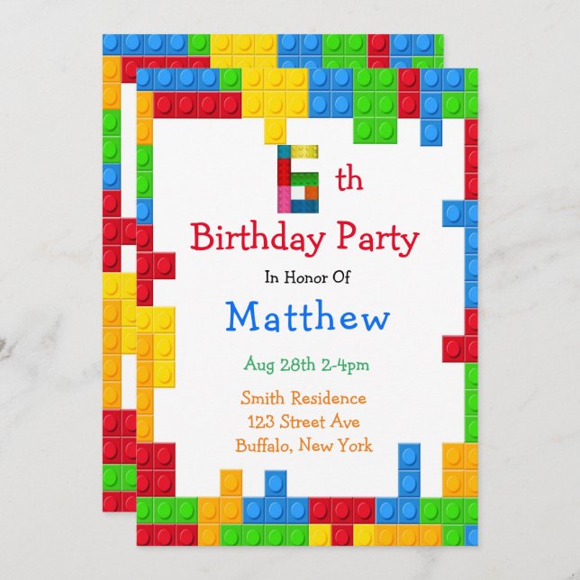 Trendy Colourful Building Blocks 6th Birthday Part Invitation (Front/Back)