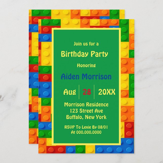 Trendy Colourful Building Blocks Birthday Party Invitation (Front/Back)