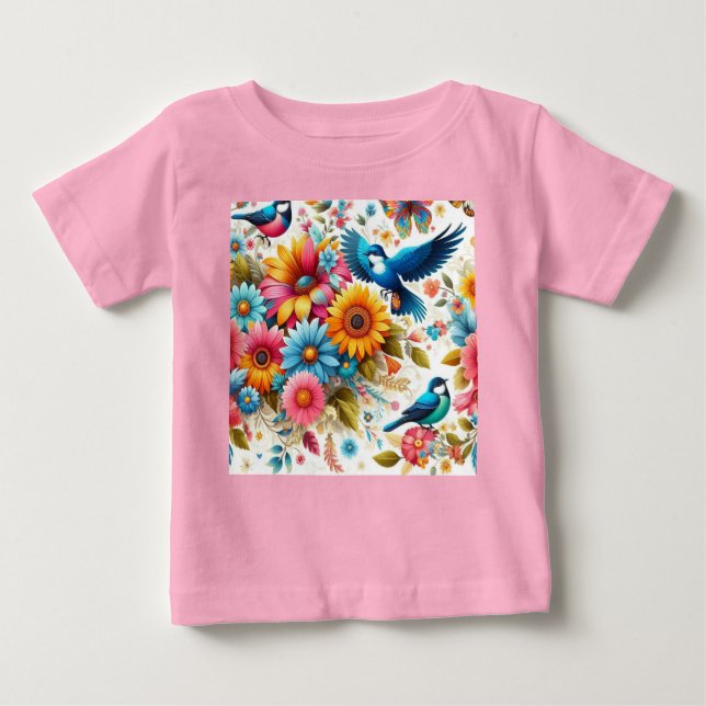 Trendy Colourful Butterflies Birds Flowers Pink Baby T-Shirt (Front)