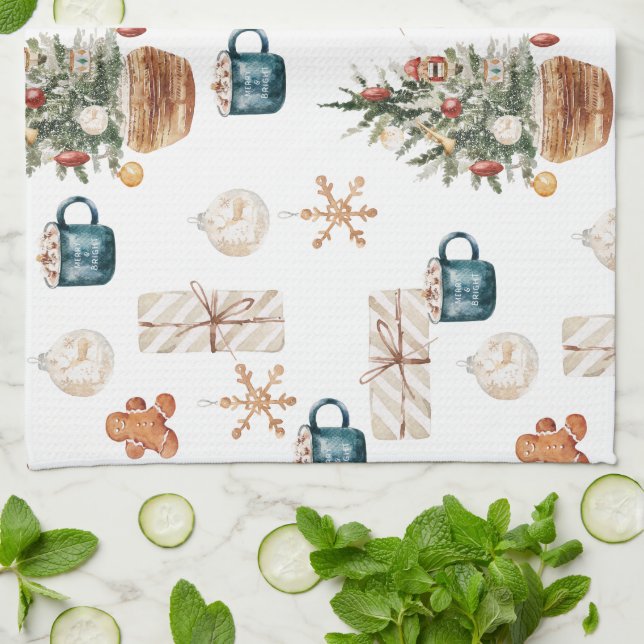 Trendy Colourful Christmas Pattern | Watercolor Tea Towel (Folded)