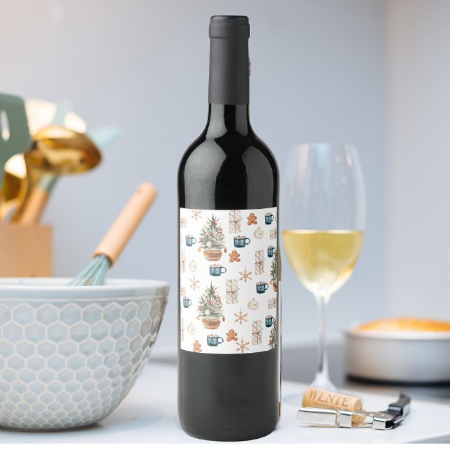 Trendy Colourful Christmas Pattern | Watercolor Wine Label (Creator Uploaded)