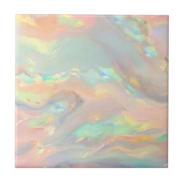 Trendy colourful faux holographic opal ceramic tile (Front)
