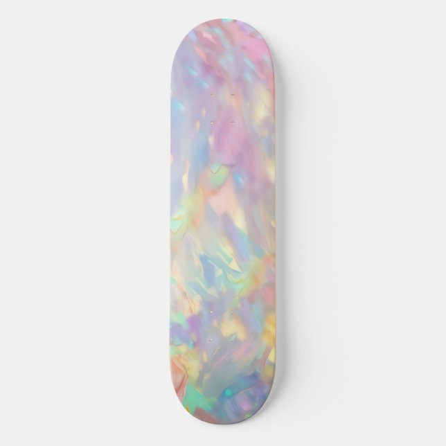 Trendy colourful faux holographic opal skateboard (Front)