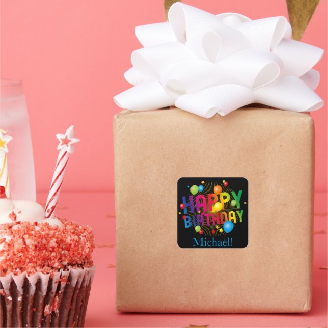 Trendy Colourful Festive Happy Birthday Square Sti Square Sticker (Party)