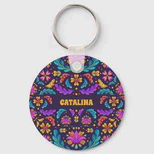 Trendy Colourful Fiesta Mexican Flower Quinceanera Key Ring