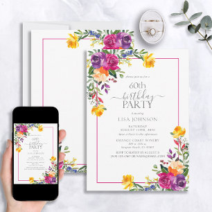 Trendy Colourful Floral Typography 60th Birthday Invitation