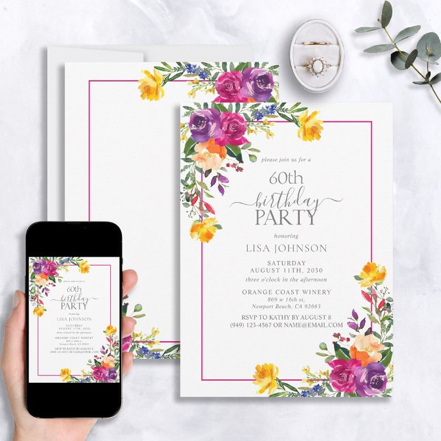 Trendy Colourful Floral Typography 60th Birthday Invitation (Creator Uploaded)