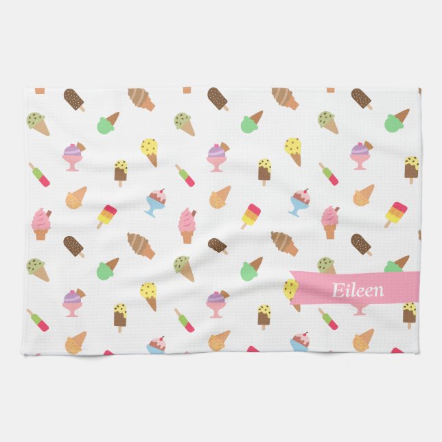 Trendy Colourful Ice Cream Pattern Personalised Tea Towel (Horizontal)