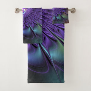 Trendy Colourful Modern Abstract Fractal Flower Bath Towel Set