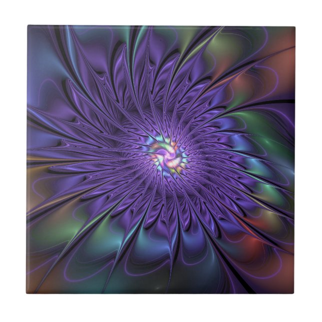 Trendy Colourful Modern Abstract Fractal Flower Ceramic Tile (Front)