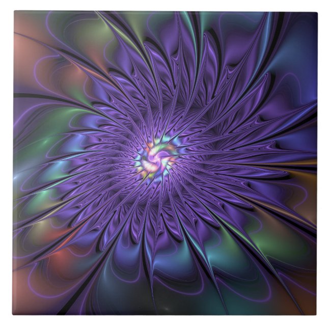 Trendy Colourful Modern Abstract Fractal Flower Ceramic Tile (Front)