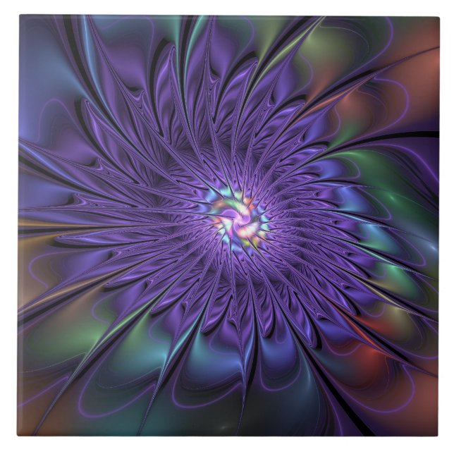 Trendy Colourful Modern Abstract Fractal Flower Ceramic Tile (Front)