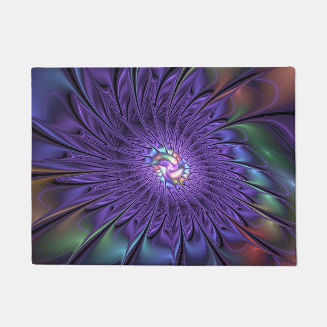 Trendy Colourful Modern Abstract Fractal Flower Doormat (Front)